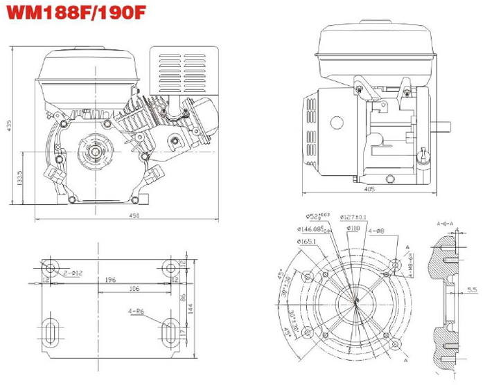 Установочные размеры двигателя Weima WM190F-S